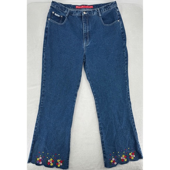 Revolt Denim - Revolt Vintage Floral Embroidered Scallop Hem Jeans Blue Wide Leg Plus Size 20